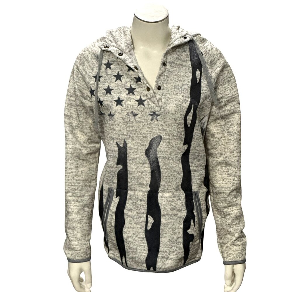CCC Patriotic American Flag Pullover Gray Hoodie Sweatshirt Pouch Pockets Size M